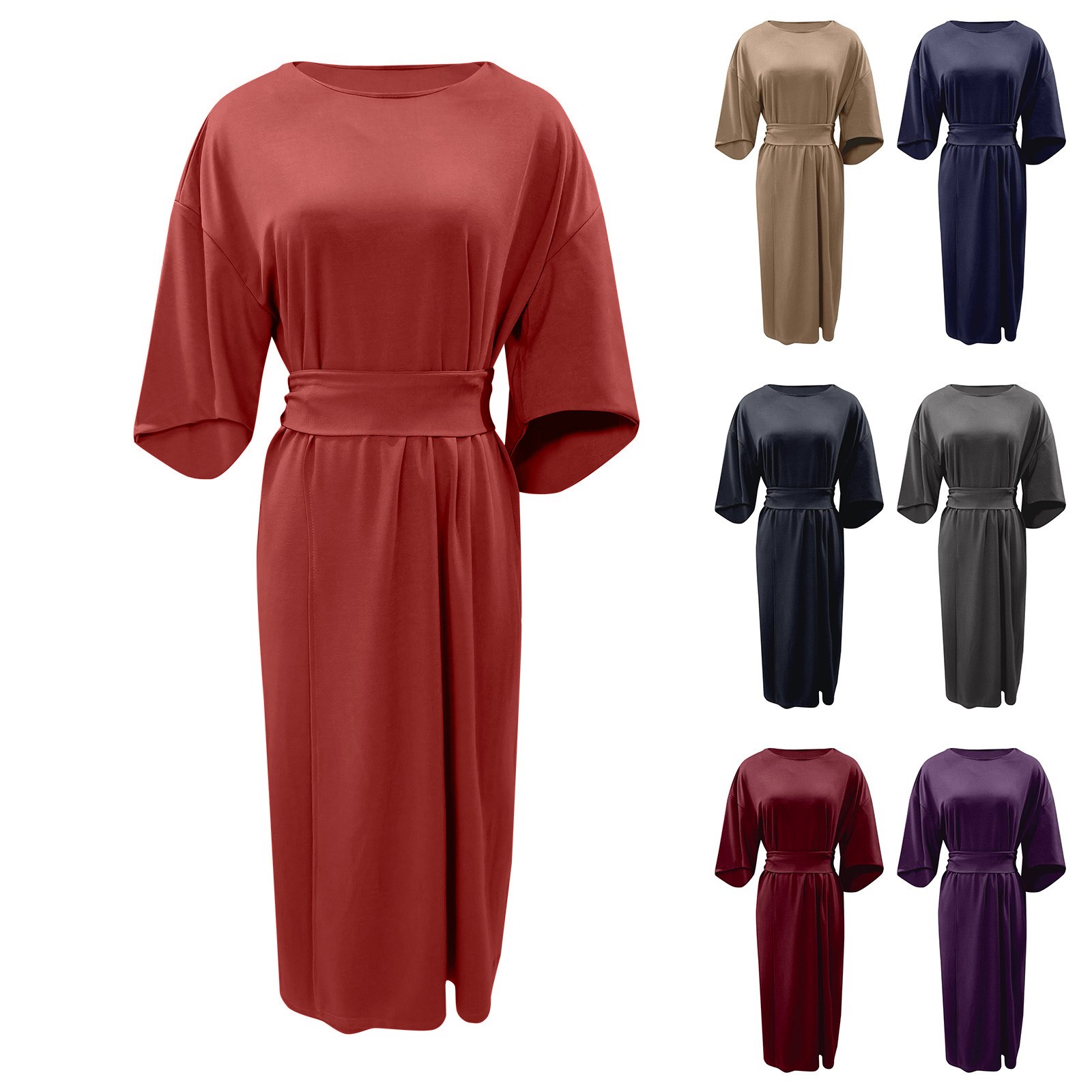 thumbnail image 4 of 2025 Vestido elegante de color liso para mujer con cintura alta, mangas murciélago, estilo informal, mezcla de poliéster, vestido de fiesta para todas las estaciones, 4 of 5